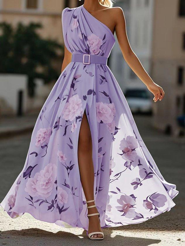 Sella - Rüsztowane Sukienka Maxi Chiffon na Jedno Ramię w Linii A