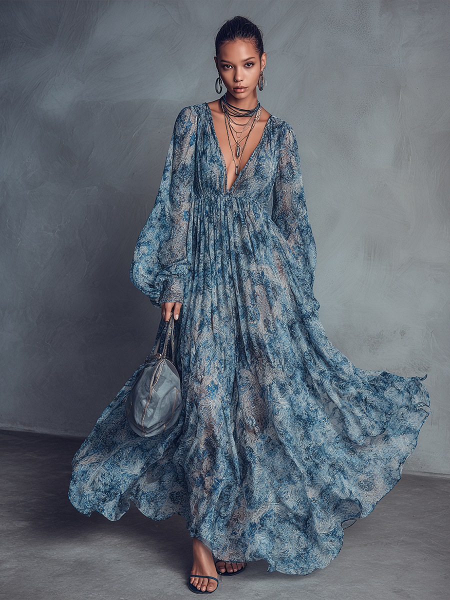Grace - Boho Styl Niebieska Kwiatowa Sukienka Maxi z Szyfonu