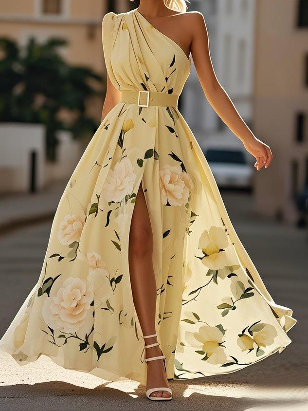 Sella - Rüsztowane Sukienka Maxi Chiffon na Jedno Ramię w Linii A