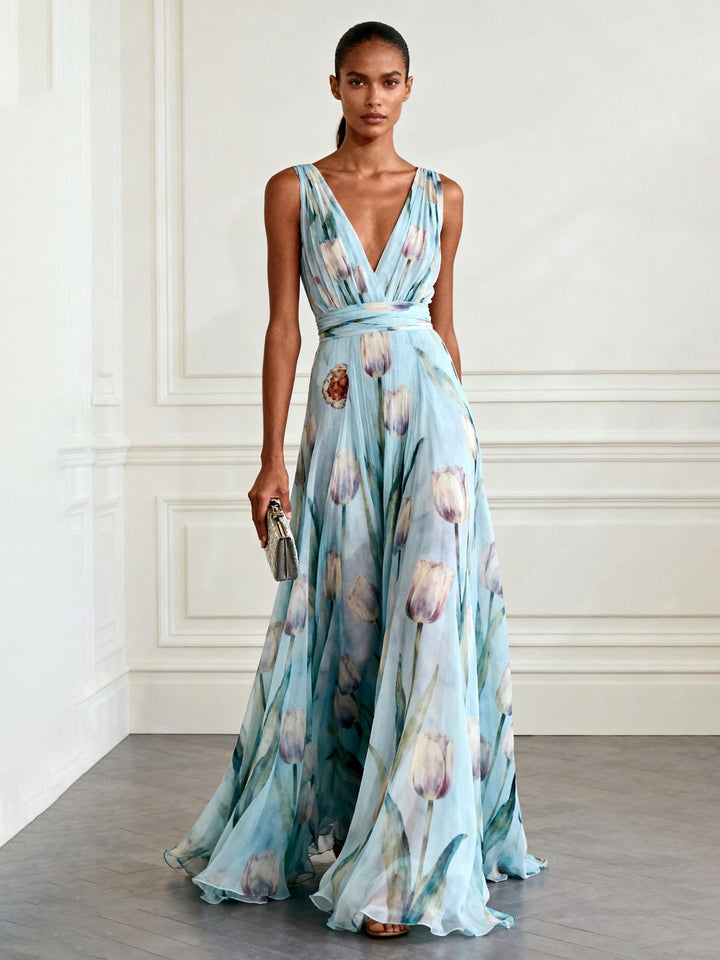 Nerea - Elegancka Sukienka Maxi z tulipanowym wzorem i dekoltem w kształcie V