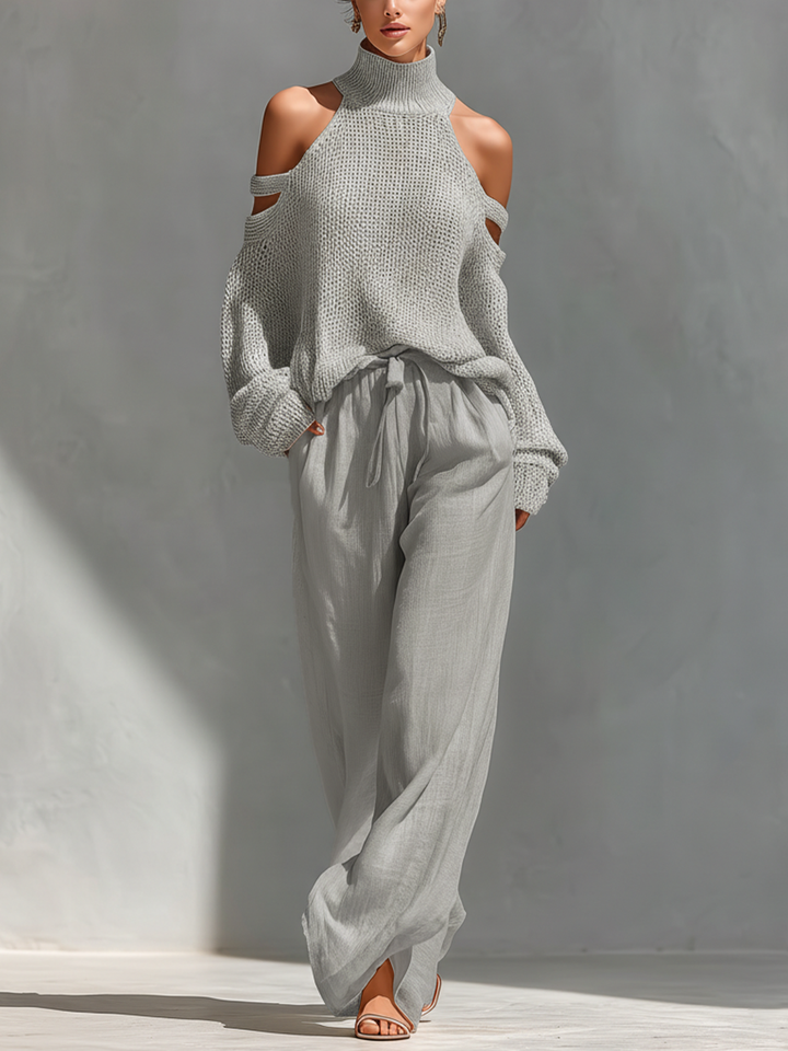 Thalia - Beżowy sweter off-shoulder z golfem i szerokie spodnie