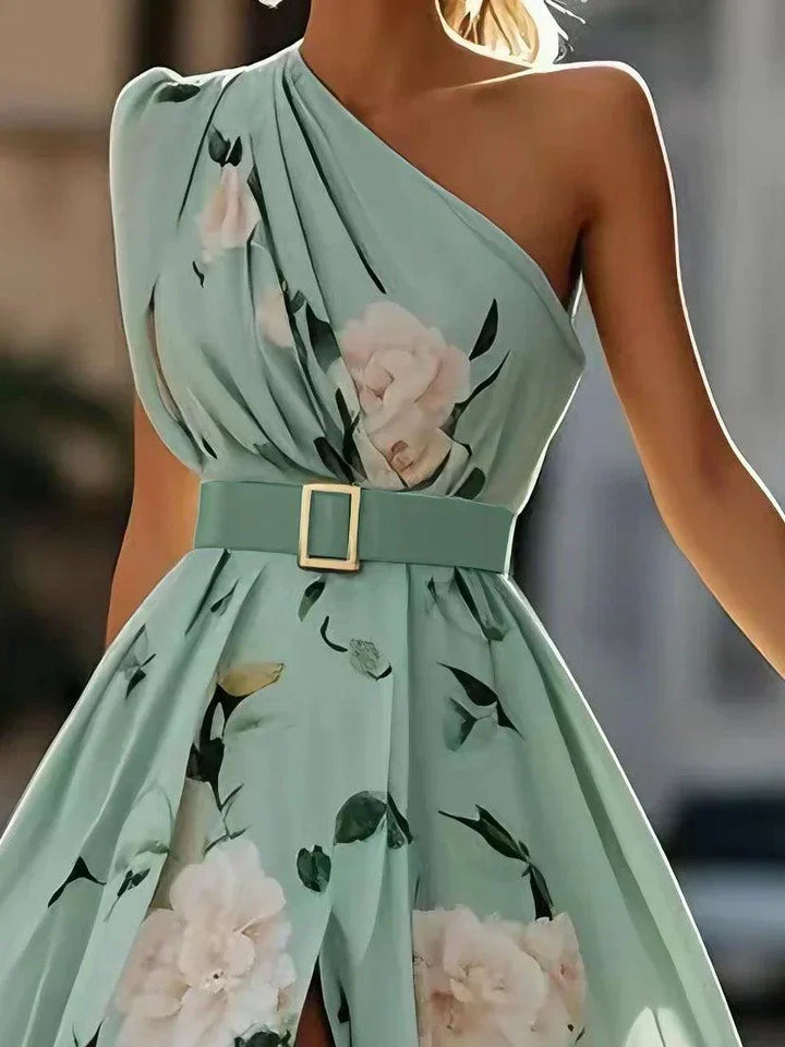 Sella - Rüsztowane Sukienka Maxi Chiffon na Jedno Ramię w Linii A
