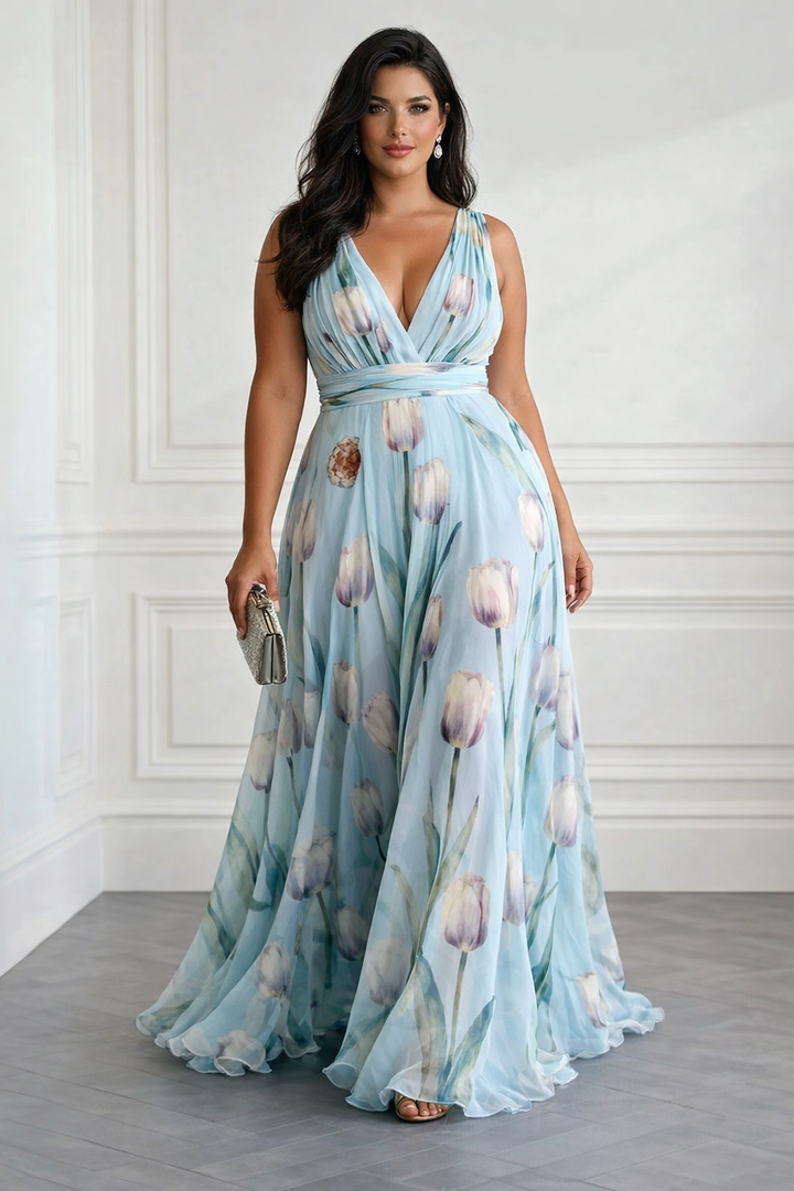 Nerea - Elegancka Sukienka Maxi z tulipanowym wzorem i dekoltem w kształcie V