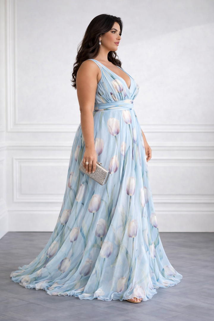 Nerea - Elegancka Sukienka Maxi z tulipanowym wzorem i dekoltem w kształcie V