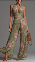 Zsófia Jumpsuit | Plisowany Chiffonowy Kombinezon w Zieleni
