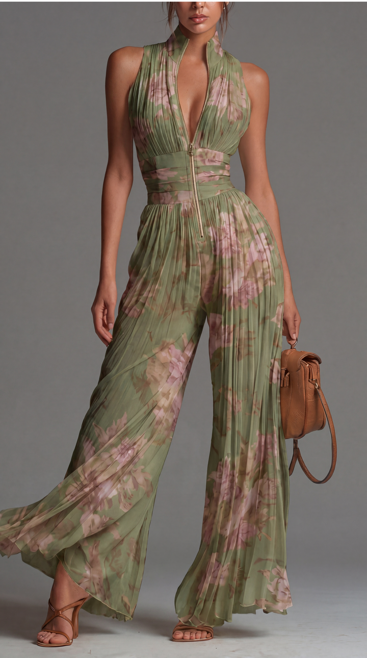 Zsófia Jumpsuit | Plisowany Chiffonowy Kombinezon w Zieleni