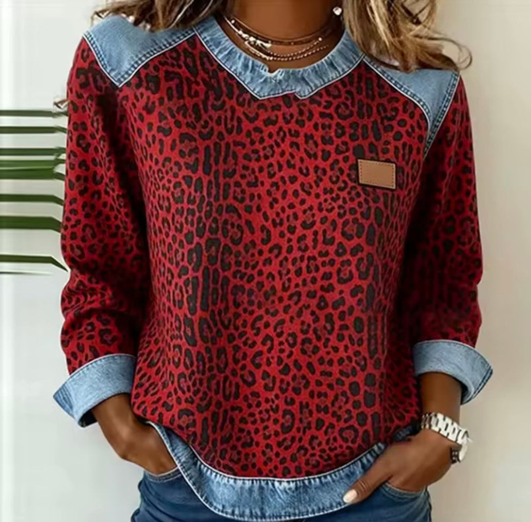 Hollyn™ | Sweter w panterkę z dżinsowym kołnierzem