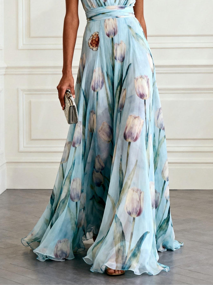 Nerea - Elegancka Sukienka Maxi z tulipanowym wzorem i dekoltem w kształcie V