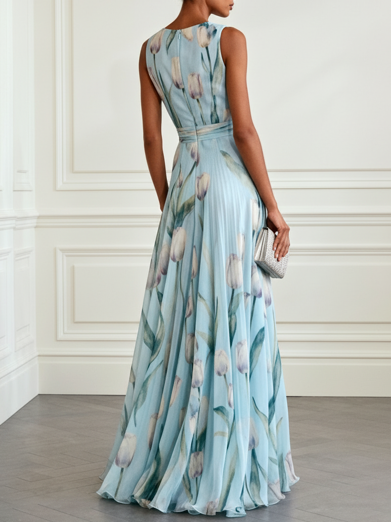 Nerea - Elegancka Sukienka Maxi z tulipanowym wzorem i dekoltem w kształcie V