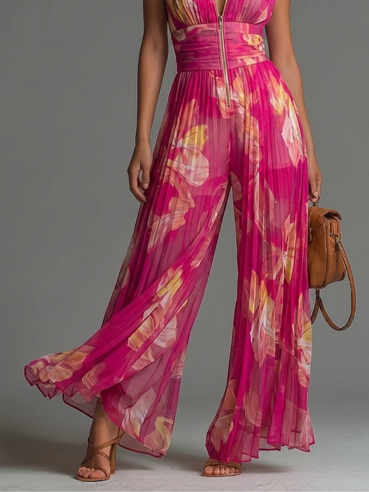 Zsófia Jumpsuit | Plisowany Chiffonowy Kombinezon w Różu