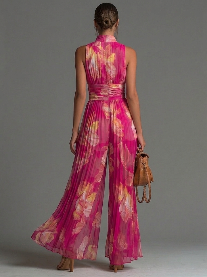 Zsófia Jumpsuit | Plisowany Chiffonowy Kombinezon w Różu