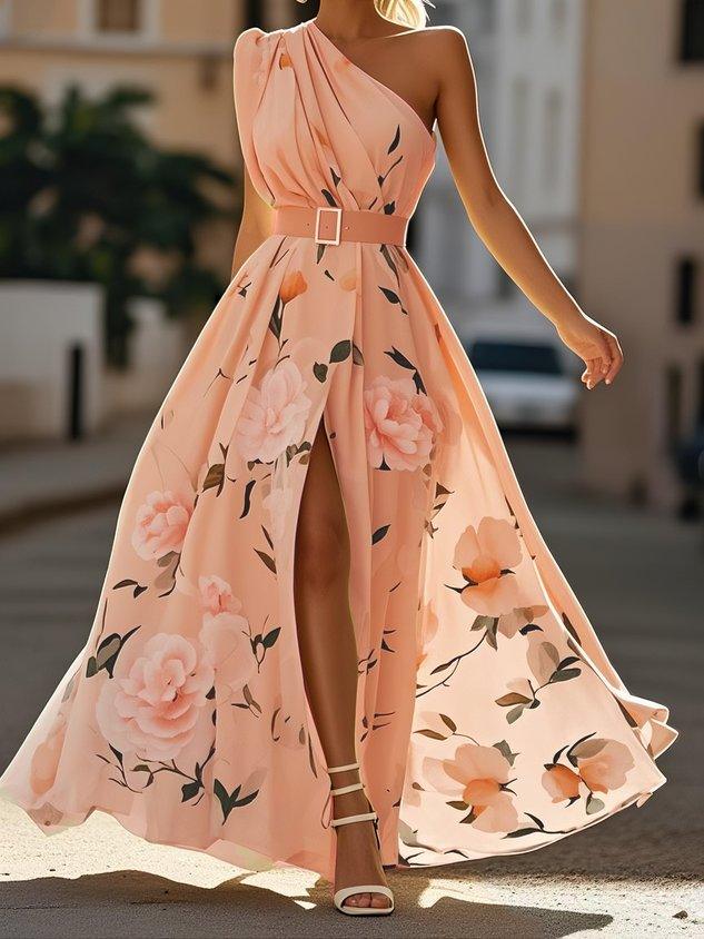 Sella - Rüsztowane Sukienka Maxi Chiffon na Jedno Ramię w Linii A