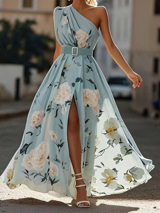 Sella - Rüsztowane Sukienka Maxi Chiffon na Jedno Ramię w Linii A