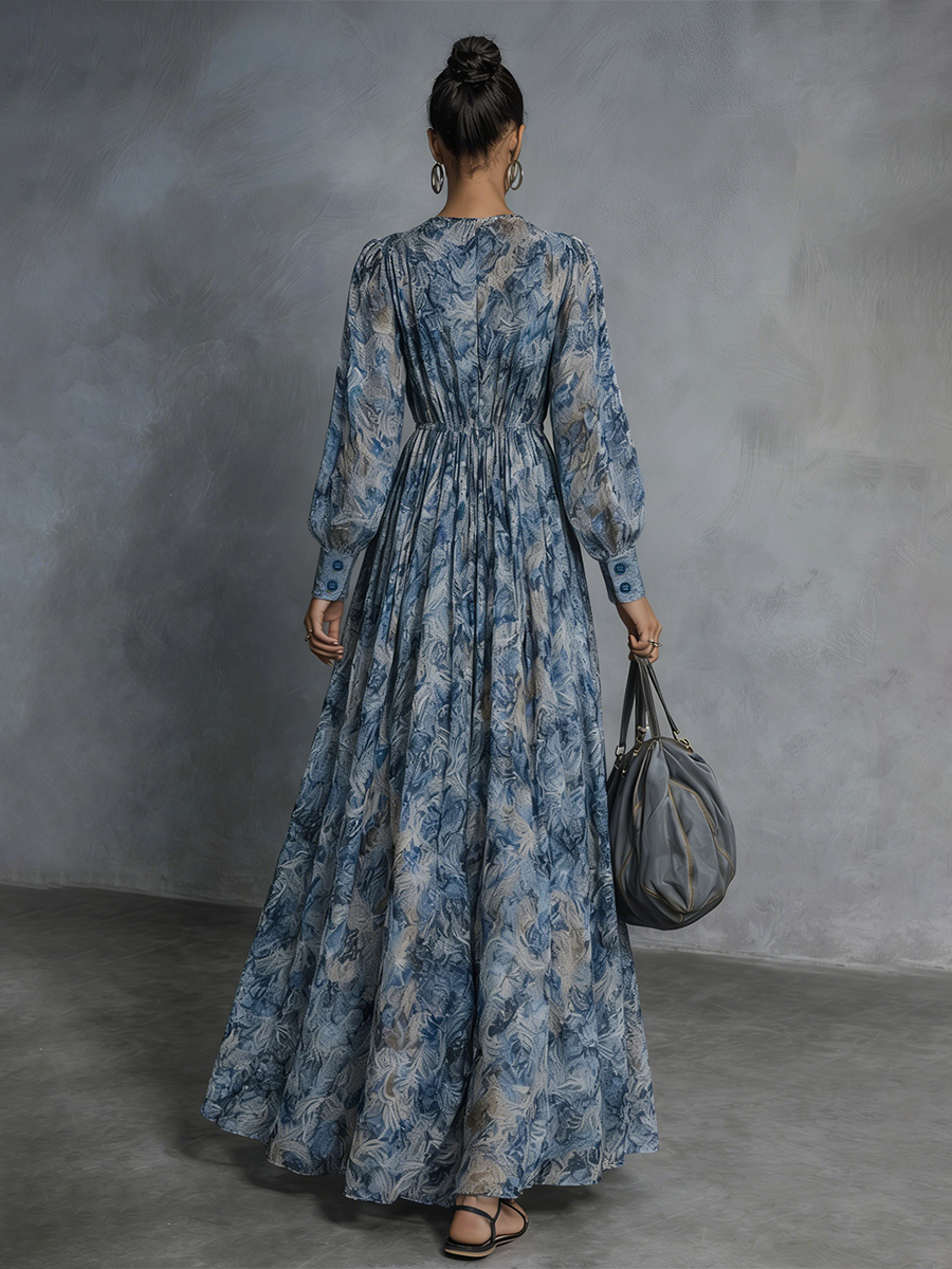 Grace - Boho Styl Niebieska Kwiatowa Sukienka Maxi z Szyfonu