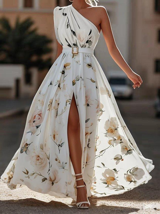 Sella - Rüsztowane Sukienka Maxi Chiffon na Jedno Ramię w Linii A