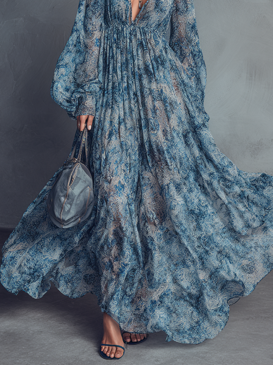 Grace - Boho Styl Niebieska Kwiatowa Sukienka Maxi z Szyfonu