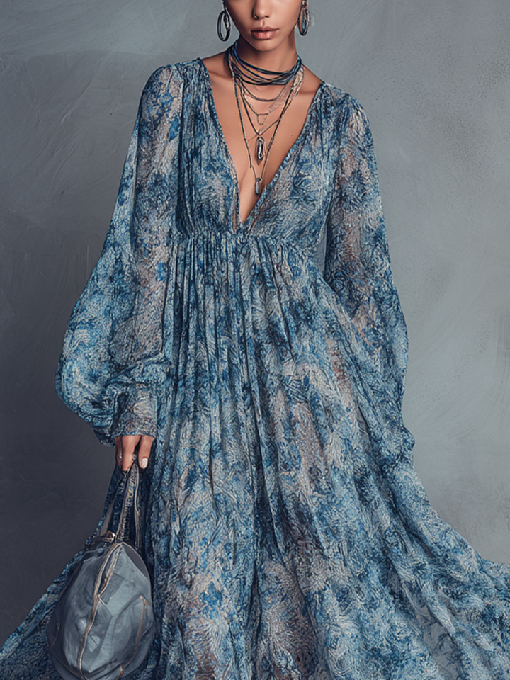 Grace - Boho Styl Niebieska Kwiatowa Sukienka Maxi z Szyfonu