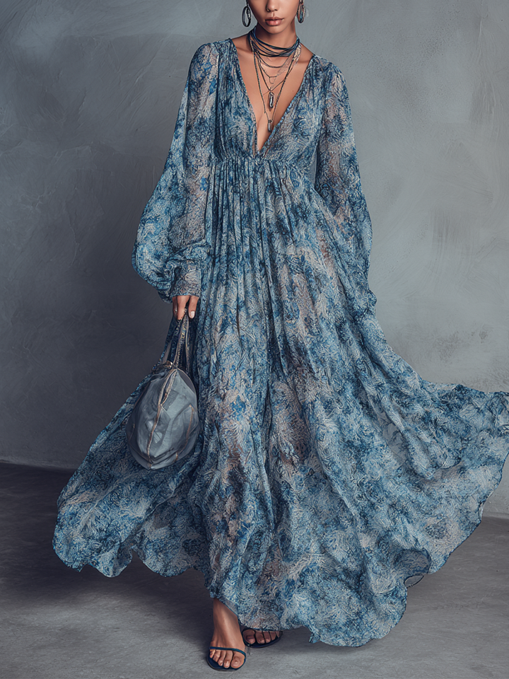 Grace - Boho Styl Niebieska Kwiatowa Sukienka Maxi z Szyfonu