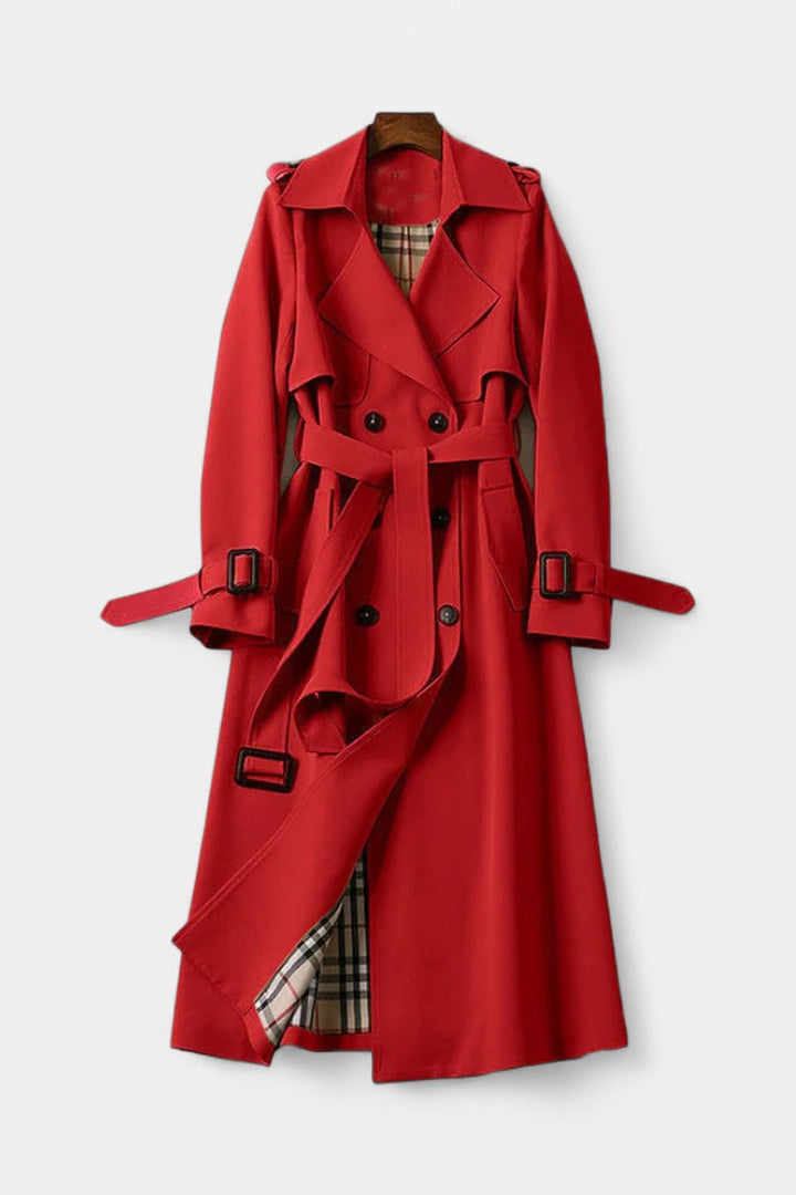 Ginewra | Dwurzędowy Płaszcz Trench z Paskiem