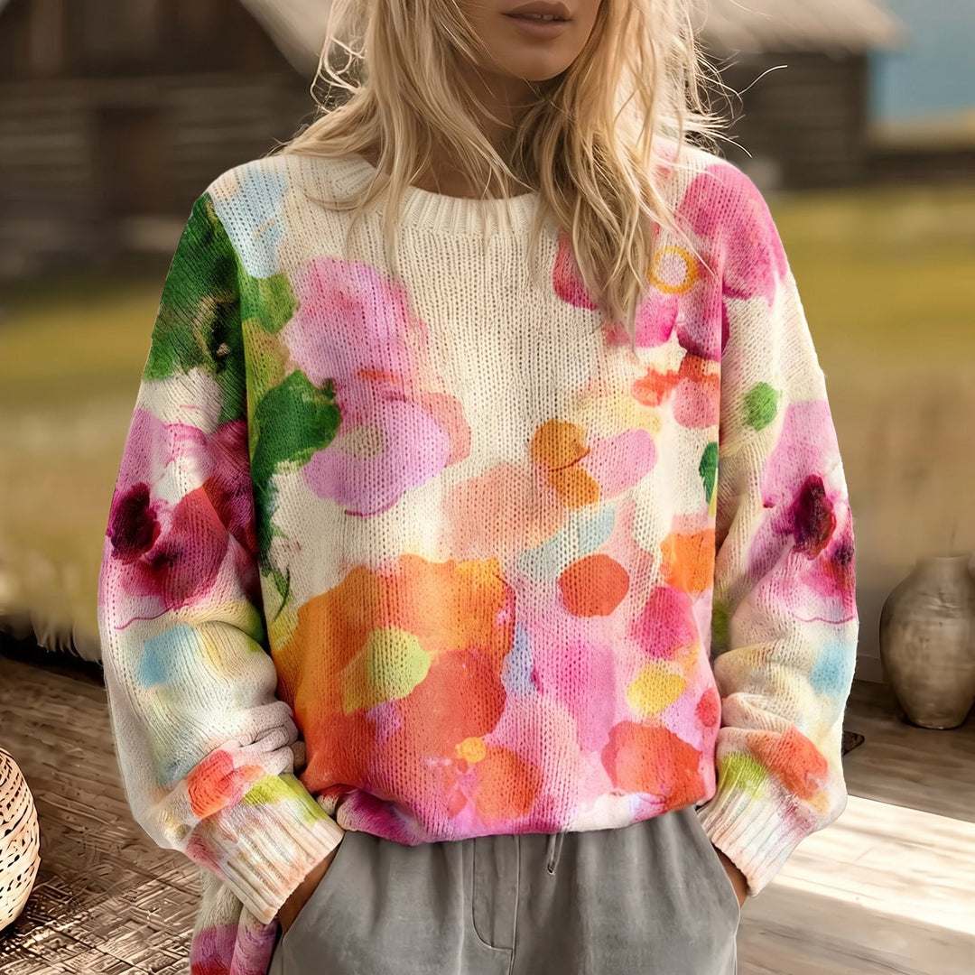 Beata | Sweter w Kwiatowy Akwarelowy Wzór